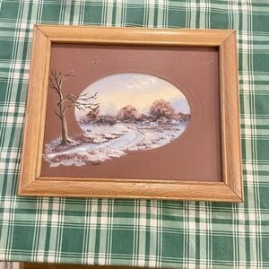 Vintage Rustic Landscape Signed Oil Painting of a Winter Scene Framed 8x10